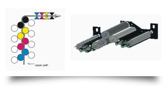 Quad-Stack paper path diagram and Universal Printing Module diagram